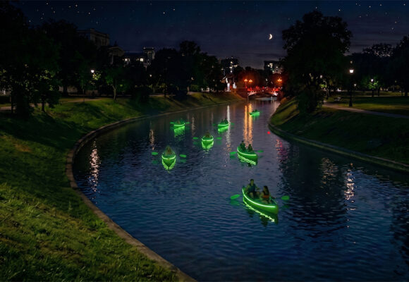 Lit Boats in Riga: Canal